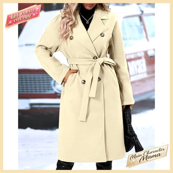 Wool Blend Pea Coat Double Breasted Notch Lapel Knee Length Trench - Picture 3 of 5